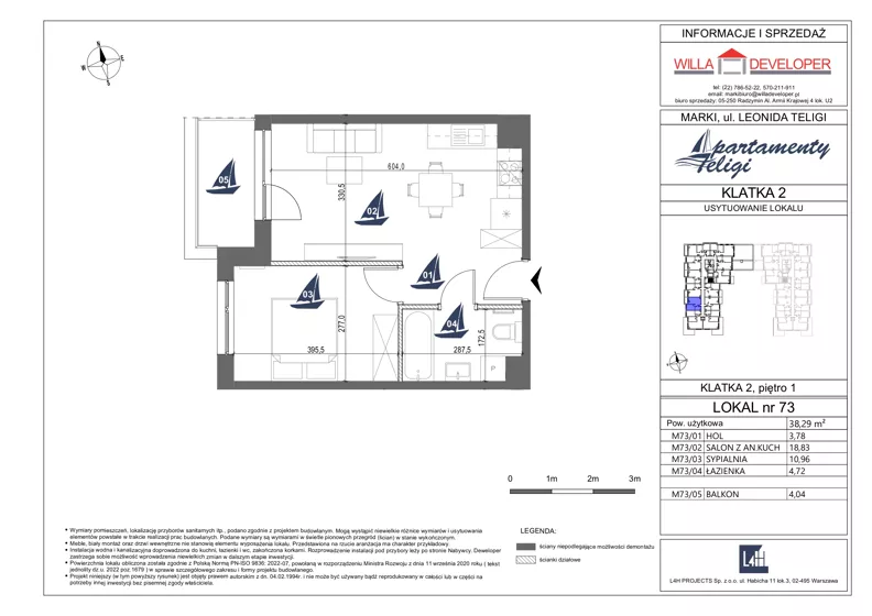 2 pokoje, mieszkanie 38,29 m², piętro 1, oferta nr 73, Apartamenty Teligi, Marki, ul. Leonida Teligi