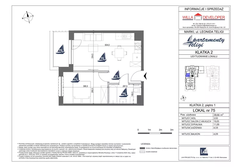 2 pokoje, mieszkanie 38,66 m², piętro 1, oferta nr 75, Apartamenty Teligi, Marki, ul. Leonida Teligi
