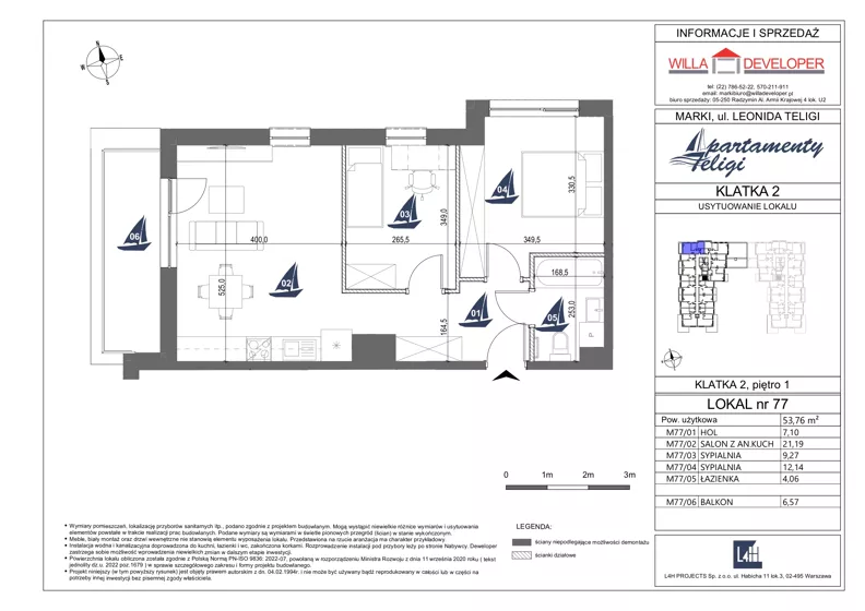 3 pokoje, mieszkanie 53,76 m², piętro 1, oferta nr 77, Apartamenty Teligi, Marki, ul. Leonida Teligi