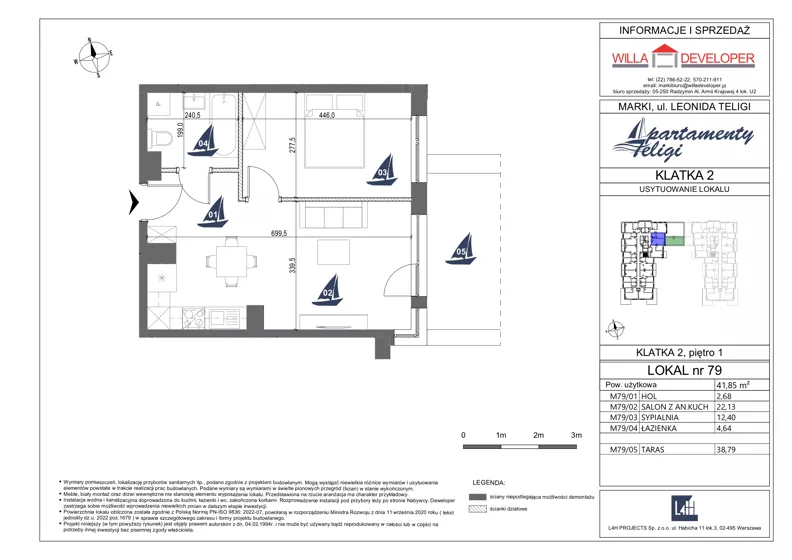2 pokoje, mieszkanie 41,85 m², piętro 1, oferta nr 79, Apartamenty Teligi, Marki, ul. Leonida Teligi