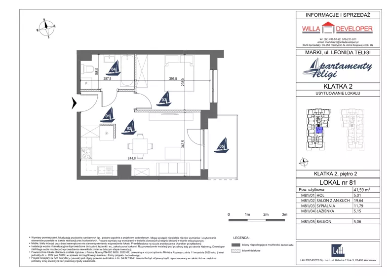2 pokoje, mieszkanie 41,59 m², piętro 2, oferta nr 81, Apartamenty Teligi, Marki, ul. Leonida Teligi