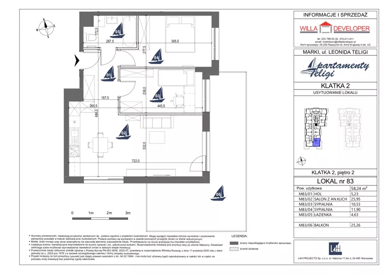 3 pokoje, mieszkanie 58,24 m², piętro 2, oferta nr 83, Apartamenty Teligi, Marki, ul. Leonida Teligi