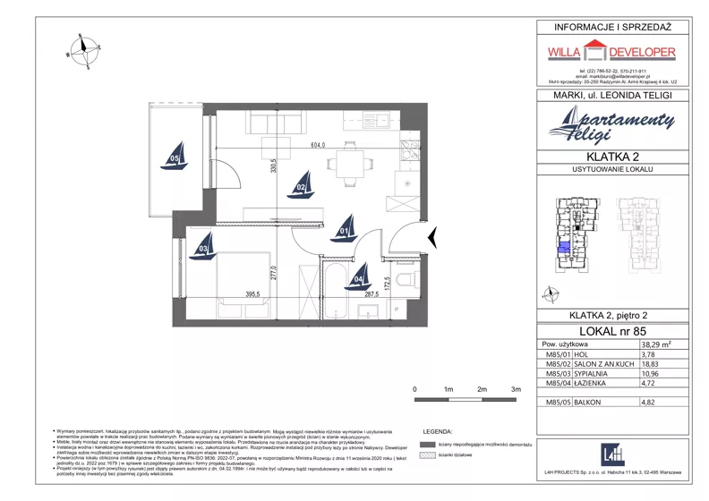 2 pokoje, mieszkanie 38,29 m², piętro 2, oferta nr 85, Apartamenty Teligi, Marki, ul. Leonida Teligi