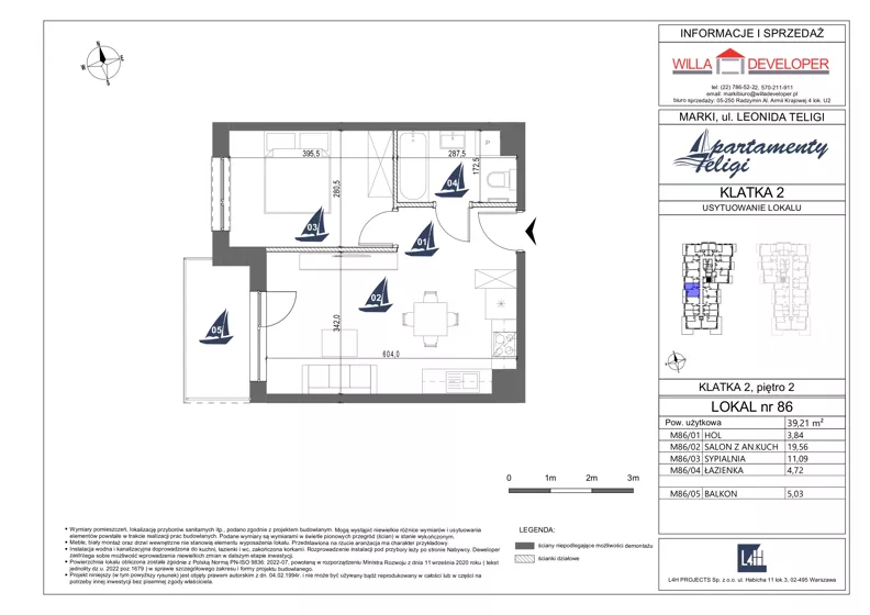 2 pokoje, mieszkanie 39,21 m², piętro 2, oferta nr 86, Apartamenty Teligi, Marki, ul. Leonida Teligi