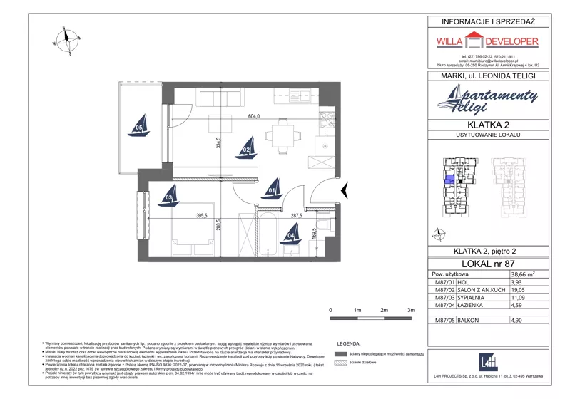 2 pokoje, mieszkanie 38,66 m², piętro 2, oferta nr 87, Apartamenty Teligi, Marki, ul. Leonida Teligi