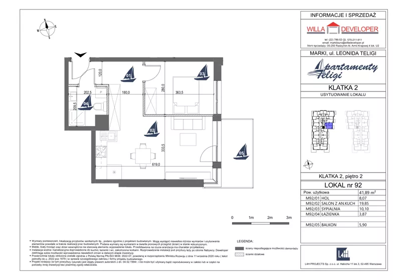 2 pokoje, mieszkanie 41,89 m², piętro 2, oferta nr 92, Apartamenty Teligi, Marki, ul. Leonida Teligi