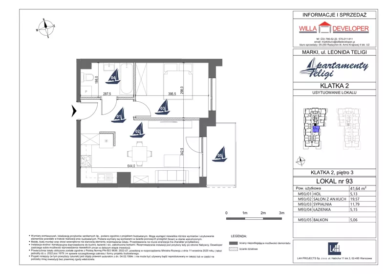 2 pokoje, mieszkanie 41,64 m², piętro 3, oferta nr 93, Apartamenty Teligi, Marki, ul. Leonida Teligi