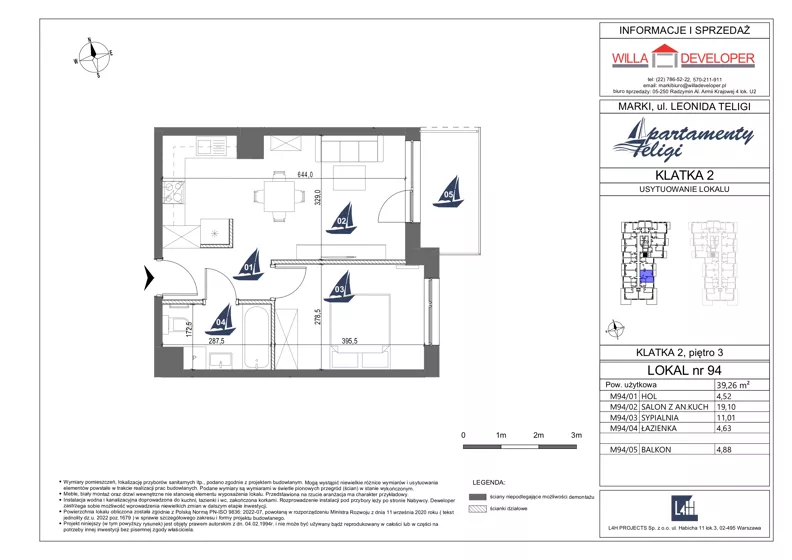 2 pokoje, mieszkanie 39,26 m², piętro 3, oferta nr 94, Apartamenty Teligi, Marki, ul. Leonida Teligi