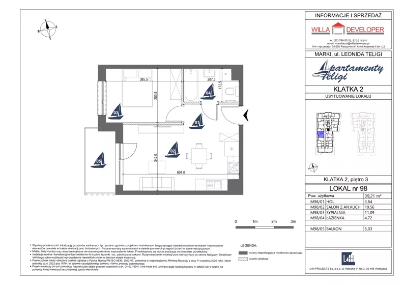 2 pokoje, mieszkanie 39,21 m², piętro 3, oferta nr 98, Apartamenty Teligi, Marki, ul. Leonida Teligi