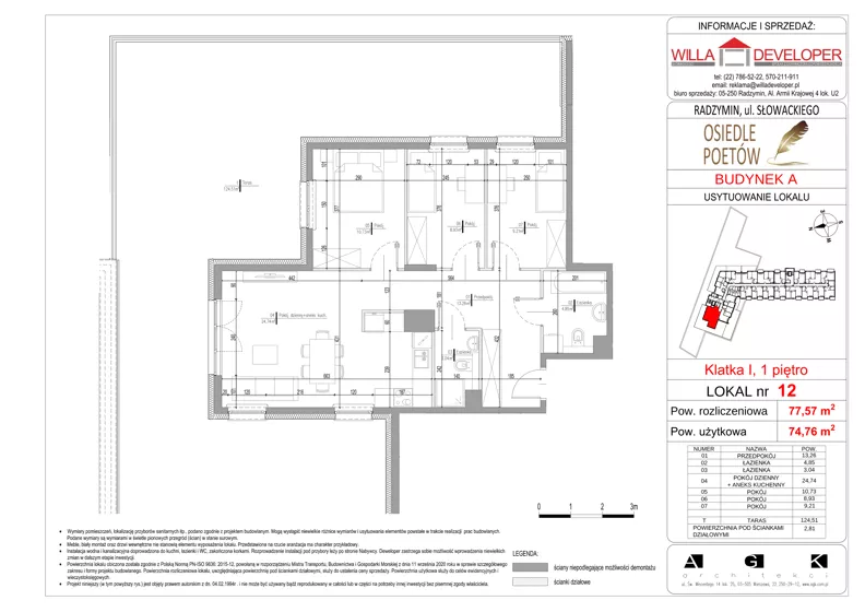 4 pokoje, mieszkanie 74,76 m², piętro 1, oferta nr 12, Osiedle Poetów, Radzymin, ul. Słowackiego