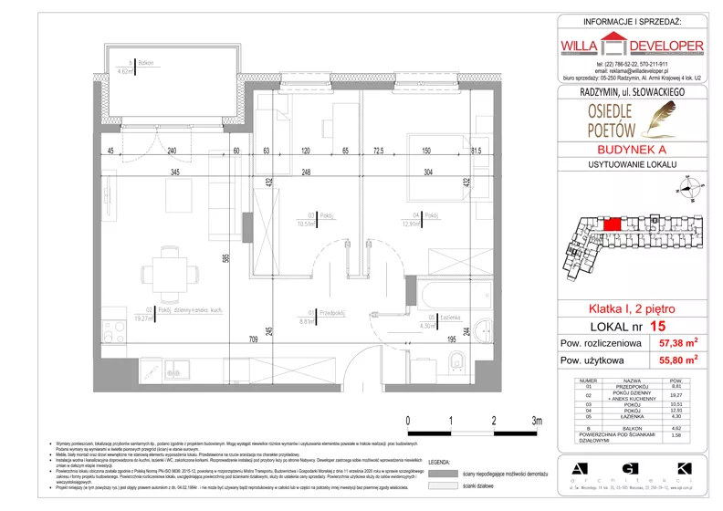 3 pokoje, mieszkanie 55,80 m², piętro 2, oferta nr 15, Osiedle Poetów, Radzymin, ul. Słowackiego