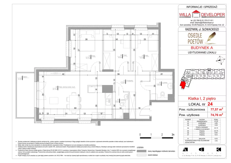 4 pokoje, mieszkanie 74,76 m², piętro 2, oferta nr 24, Osiedle Poetów, Radzymin, ul. Słowackiego