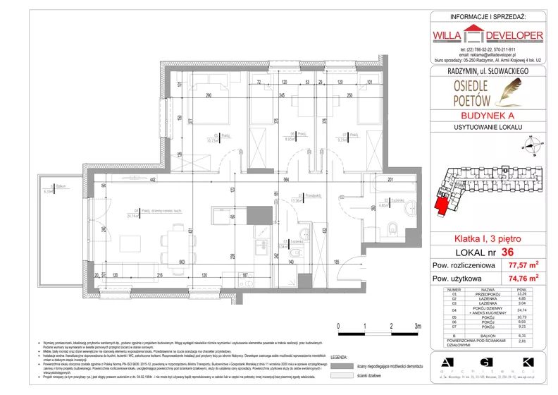 4 pokoje, mieszkanie 74,76 m², piętro 3, oferta nr 36, Osiedle Poetów, Radzymin, ul. Słowackiego