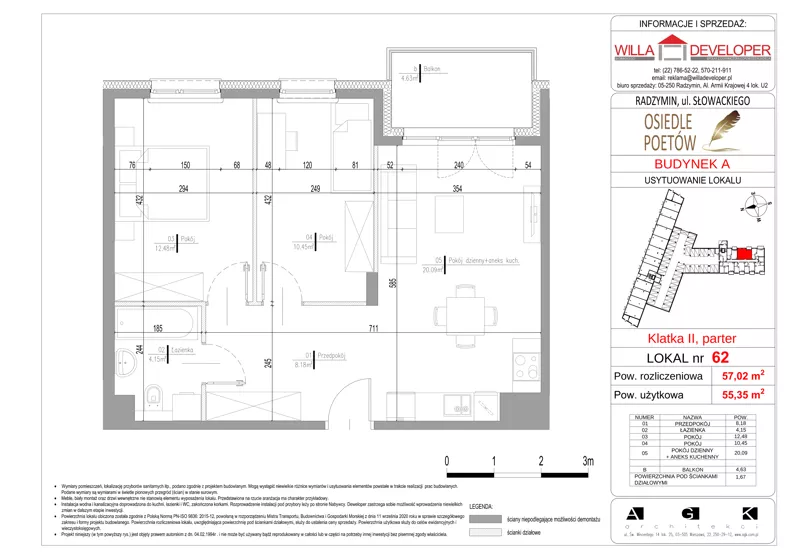 3 pokoje, mieszkanie 55,35 m², parter, oferta nr 62, Osiedle Poetów, Radzymin, ul. Słowackiego