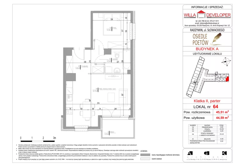 2 pokoje, mieszkanie 44,59 m², parter, oferta nr 64, Osiedle Poetów, Radzymin, ul. Słowackiego