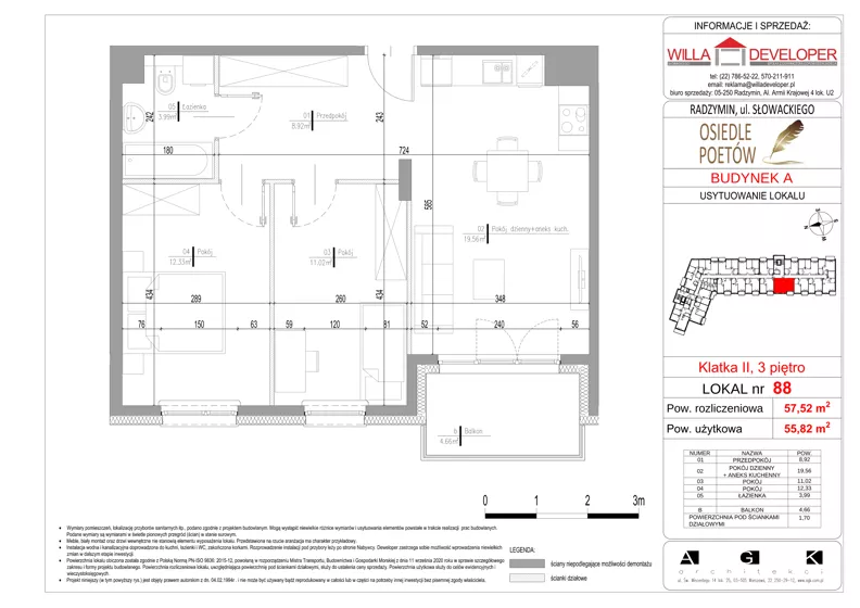 3 pokoje, mieszkanie 55,82 m², piętro 3, oferta nr 88, Osiedle Poetów, Radzymin, ul. Słowackiego