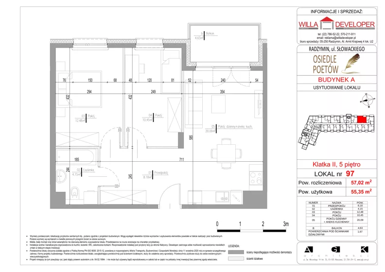 3 pokoje, mieszkanie 55,35 m², piętro 5, oferta nr 97, Osiedle Poetów, Radzymin, ul. Słowackiego