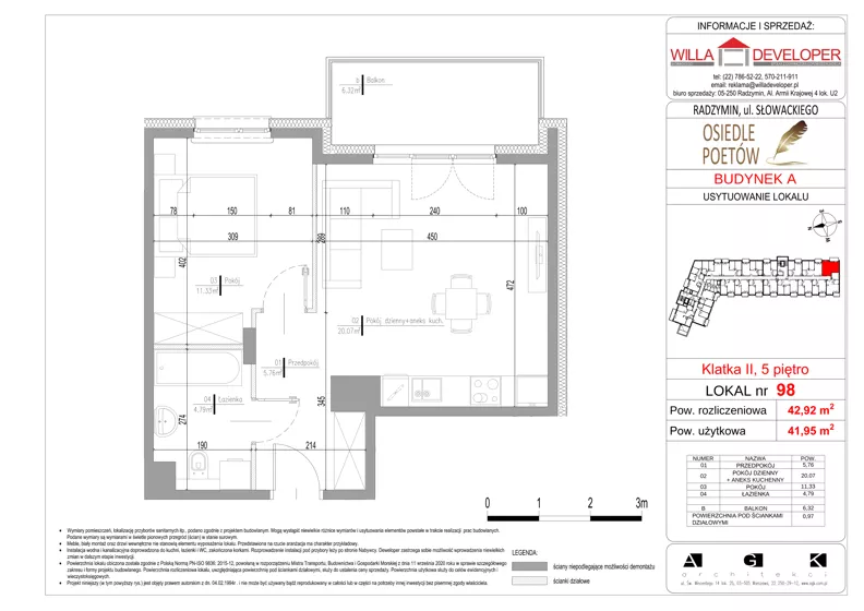 2 pokoje, mieszkanie 41,95 m², piętro 5, oferta nr 98, Osiedle Poetów, Radzymin, ul. Słowackiego