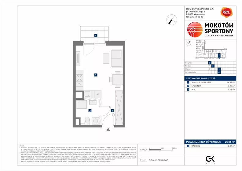 1 pokój, mieszkanie 26,81 m², piętro 3, oferta nr D/48, Mokotów Sportowy 1.3, Warszawa, Mokotów, Augustówka, ul. Antoniewska