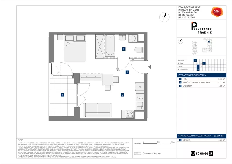 1 pokój, mieszkanie 32,20 m², piętro 1, oferta nr C/135, Przystanek Prądnik 2, Kraków, Prądnik Biały, Górka Narodowa, ul. Meiera
