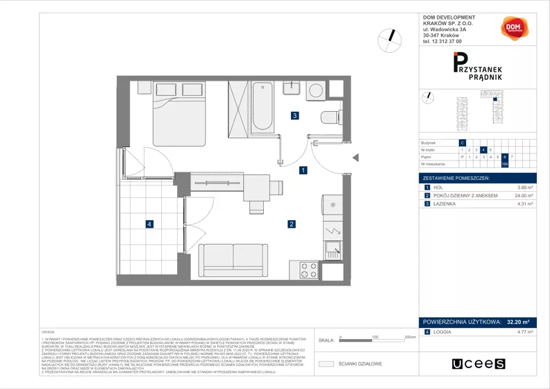 1 pokój, mieszkanie 32,20 m², piętro 6, oferta nr C/165, Przystanek Prądnik 2, Kraków, Prądnik Biały, Górka Narodowa, ul. Meiera