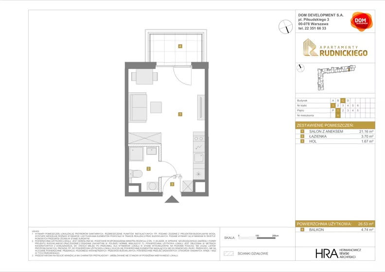 1 pokój, mieszkanie 26,53 m², piętro 1, oferta nr C/8, Apartamenty Rudnickiego, Warszawa, Bielany, Piaski, ul. Rudnickiego 7