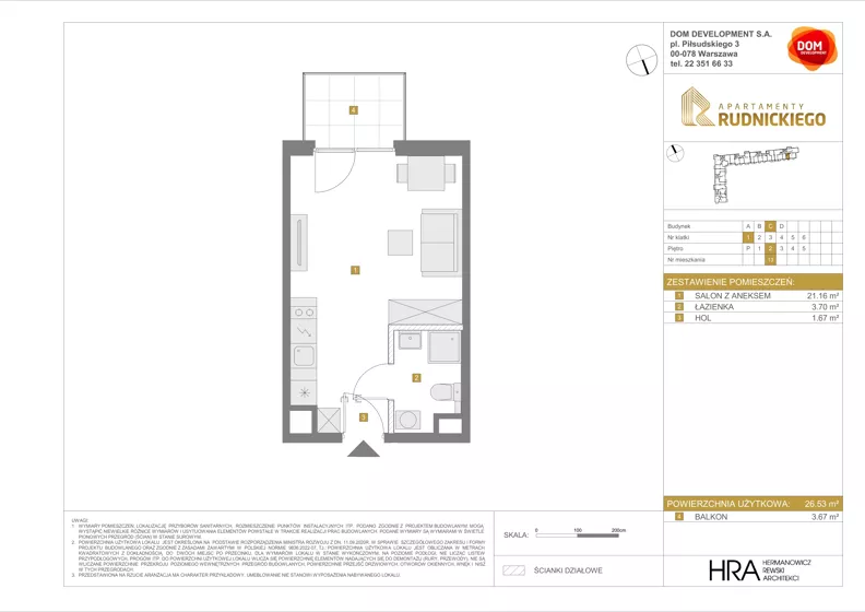 1 pokój, mieszkanie 26,53 m², piętro 2, oferta nr C/13, Apartamenty Rudnickiego, Warszawa, Bielany, Piaski, ul. Rudnickiego 7