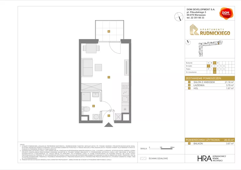 1 pokój, mieszkanie 26,53 m², piętro 2, oferta nr C/14, Apartamenty Rudnickiego, Warszawa, Bielany, Piaski, ul. Rudnickiego 7