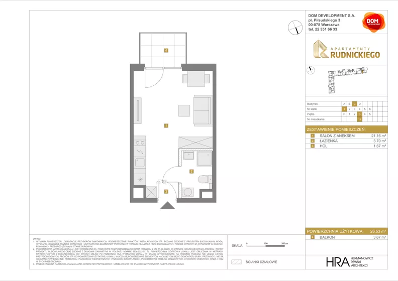 1 pokój, mieszkanie 26,53 m², piętro 3, oferta nr C/19, Apartamenty Rudnickiego, Warszawa, Bielany, Piaski, ul. Rudnickiego 7