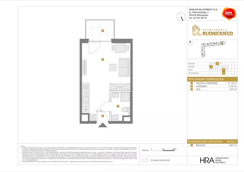 1 pokój, mieszkanie 26,53 m², piętro 4, oferta nr C/25, Apartamenty Rudnickiego, Warszawa, Bielany, Piaski, ul. Rudnickiego 7