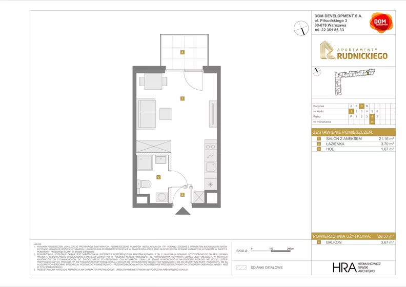 1 pokój, mieszkanie 26,53 m², piętro 4, oferta nr C/26, Apartamenty Rudnickiego, Warszawa, Bielany, Piaski, ul. Rudnickiego 7