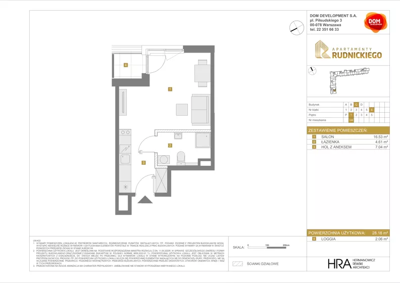 1 pokój, mieszkanie 28,18 m², piętro 1, oferta nr C/144, Apartamenty Rudnickiego, Warszawa, Bielany, Piaski, ul. Rudnickiego 7