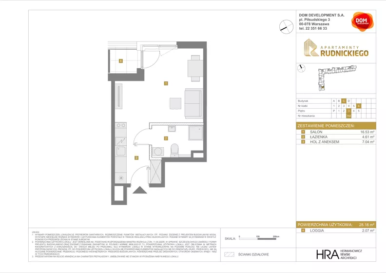 1 pokój, mieszkanie 28,18 m², piętro 3, oferta nr C/154, Apartamenty Rudnickiego, Warszawa, Bielany, Piaski, ul. Rudnickiego 7