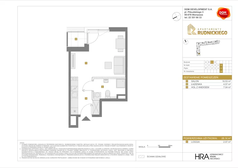 1 pokój, mieszkanie 28,14 m², piętro 5, oferta nr C/164, Apartamenty Rudnickiego, Warszawa, Bielany, Piaski, ul. Rudnickiego 7