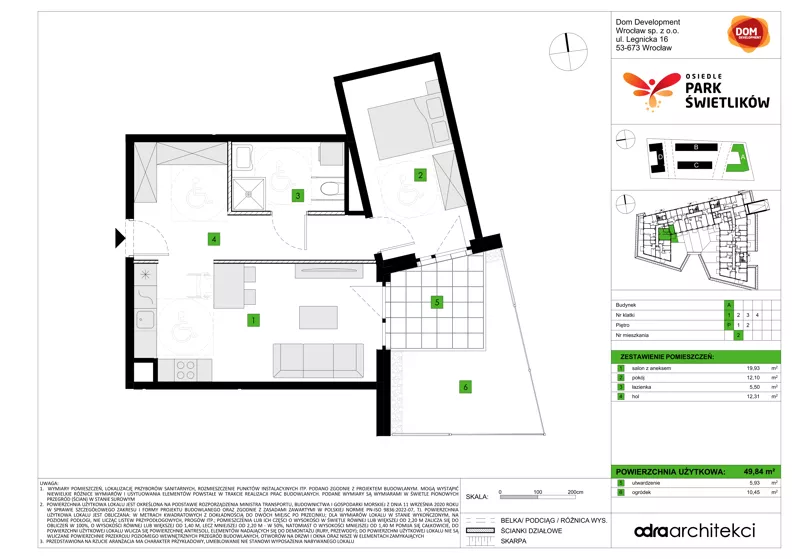 2 pokoje, mieszkanie 49,84 m², parter, oferta nr A/2, Osiedle Park Świetlików, Wrocław, Maślice, Aleja Śliwowa 21