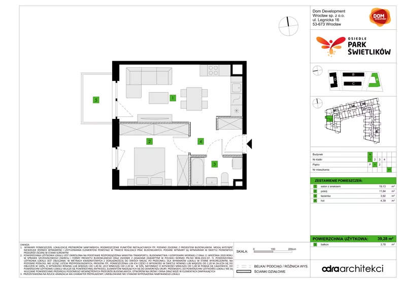 2 pokoje, mieszkanie 39,28 m², piętro 1, oferta nr A/11, Osiedle Park Świetlików, Wrocław, Maślice, Aleja Śliwowa 21