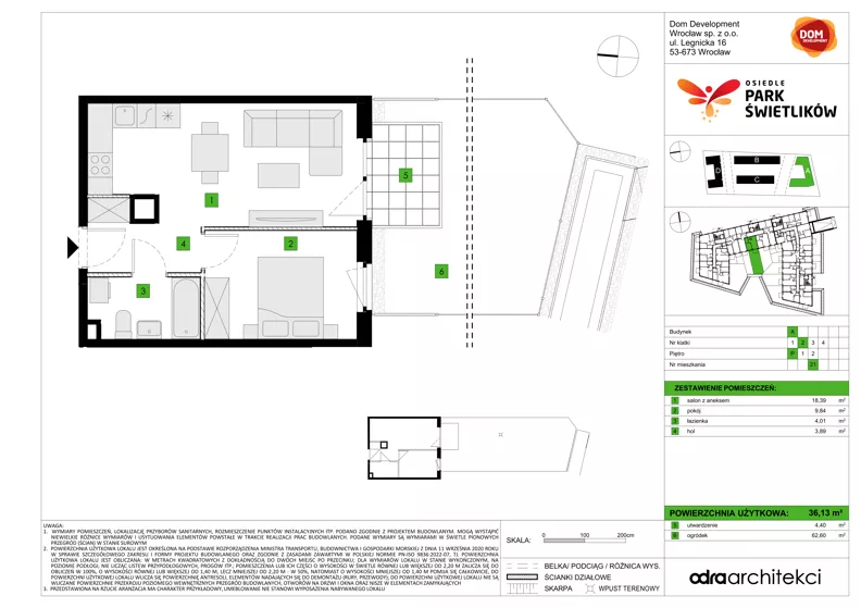 2 pokoje, mieszkanie 36,13 m², parter, oferta nr A/21, Osiedle Park Świetlików, Wrocław, Maślice, Aleja Śliwowa 21