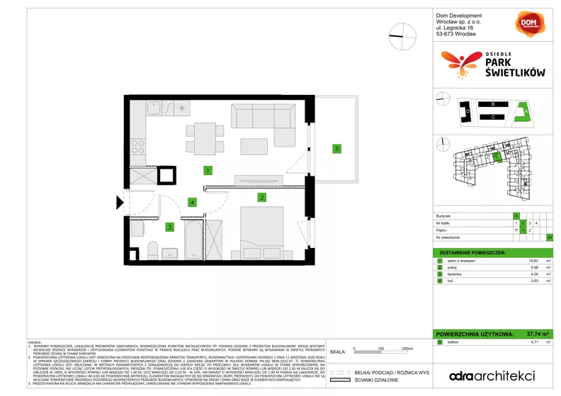 2 pokoje, mieszkanie 37,74 m², piętro 1, oferta nr A/24, Osiedle Park Świetlików, Wrocław, Maślice, Aleja Śliwowa 21