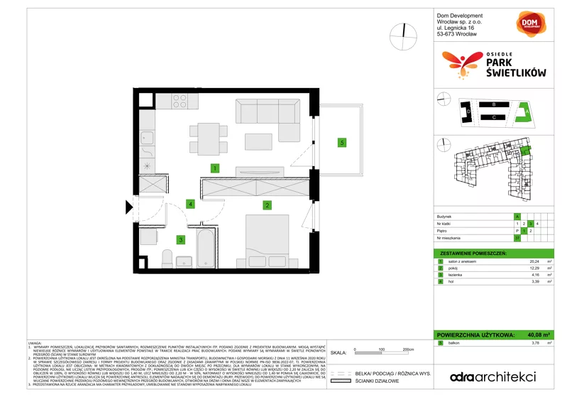 2 pokoje, mieszkanie 40,08 m², piętro 1, oferta nr A/37, Osiedle Park Świetlików, Wrocław, Maślice, Aleja Śliwowa 21