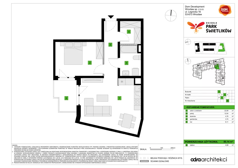 2 pokoje, mieszkanie 50,14 m², piętro 1, oferta nr A/40, Osiedle Park Świetlików, Wrocław, Maślice, Aleja Śliwowa 21
