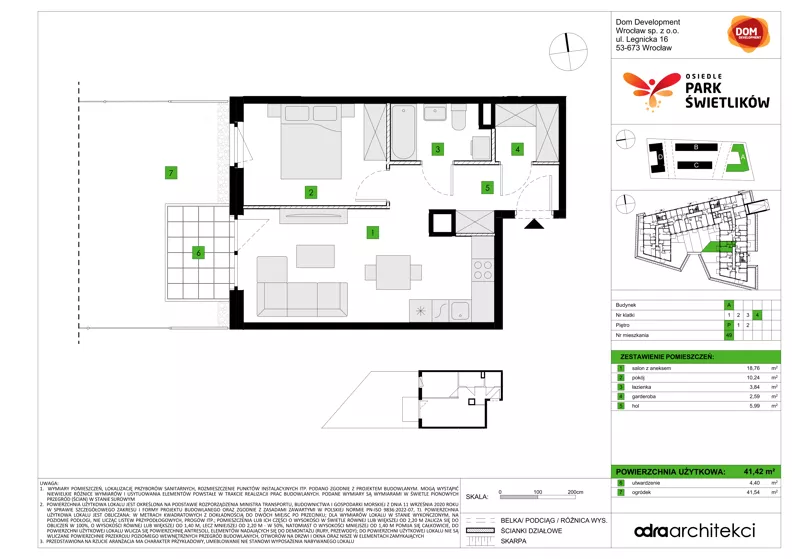 2 pokoje, mieszkanie 41,42 m², parter, oferta nr A/49, Osiedle Park Świetlików, Wrocław, Maślice, Aleja Śliwowa 21