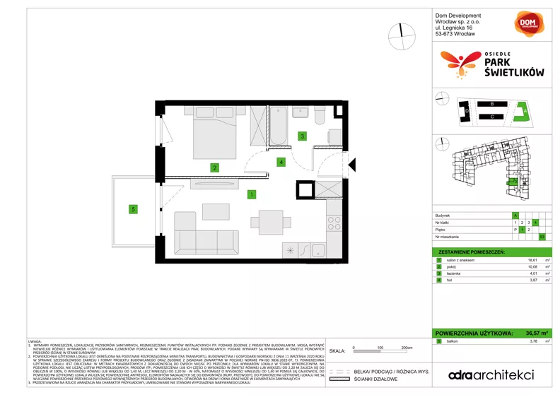 2 pokoje, mieszkanie 36,57 m², piętro 1, oferta nr A/53, Osiedle Park Świetlików, Wrocław, Maślice, Aleja Śliwowa 21
