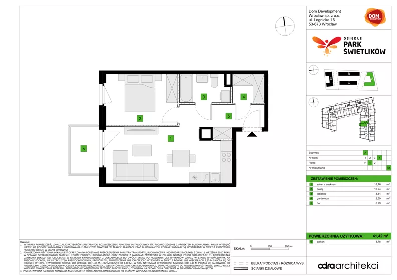 2 pokoje, mieszkanie 41,42 m², piętro 1, oferta nr A/54, Osiedle Park Świetlików, Wrocław, Maślice, Aleja Śliwowa 21