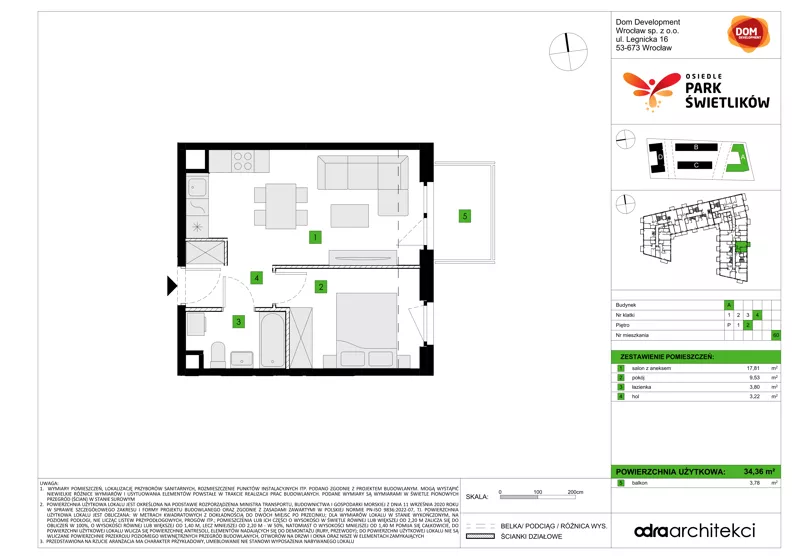 2 pokoje, mieszkanie 34,36 m², piętro 2, oferta nr A/60, Osiedle Park Świetlików, Wrocław, Maślice, Aleja Śliwowa 21