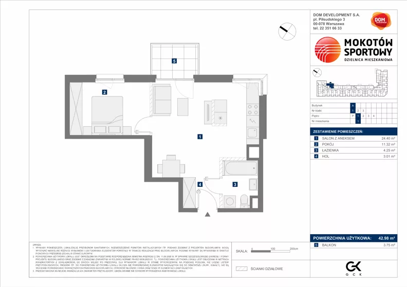 2 pokoje, mieszkanie 42,98 m², piętro 1, oferta nr A/1, Mokotów Sportowy 1.3, Warszawa, Mokotów, Augustówka, ul. Antoniewska