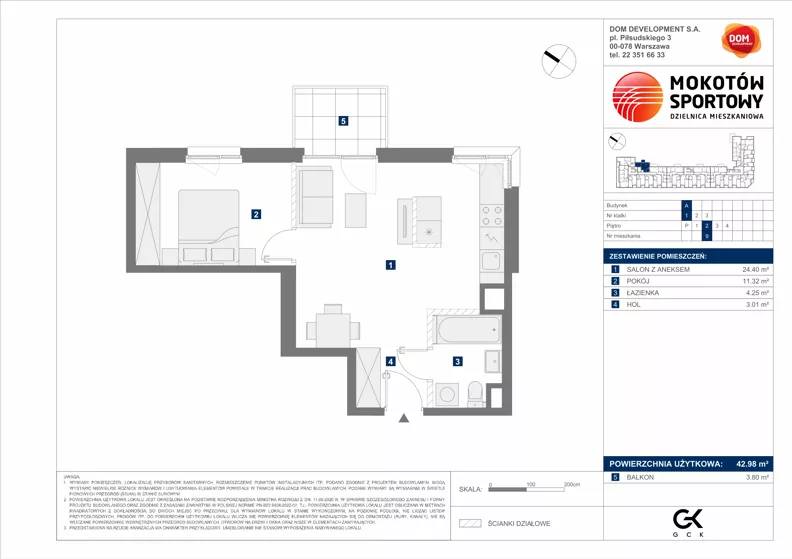 2 pokoje, mieszkanie 42,98 m², piętro 2, oferta nr A/9, Mokotów Sportowy 1.3, Warszawa, Mokotów, Augustówka, ul. Antoniewska