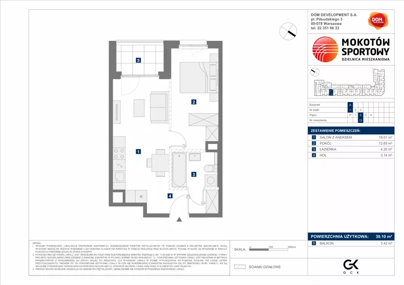 2 pokoje, mieszkanie 39,10 m², piętro 2, oferta nr A/12, Mokotów Sportowy 1.3, Warszawa, Mokotów, Augustówka, ul. Antoniewska