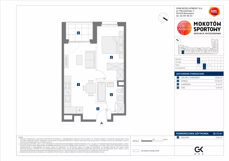 2 pokoje, mieszkanie 39,15 m², piętro 2, oferta nr A/14, Mokotów Sportowy 1.3, Warszawa, Mokotów, Augustówka, ul. Antoniewska