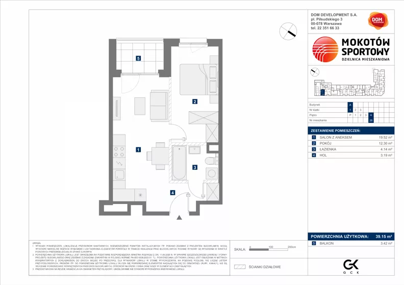 2 pokoje, mieszkanie 39,15 m², piętro 4, oferta nr A/26, Mokotów Sportowy 1.3, Warszawa, Mokotów, Augustówka, ul. Antoniewska