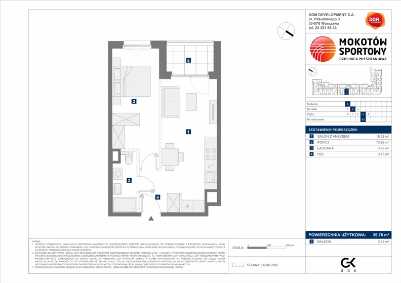 2 pokoje, mieszkanie 39,78 m², piętro 3, oferta nr A/43, Mokotów Sportowy 1.3, Warszawa, Mokotów, Augustówka, ul. Antoniewska